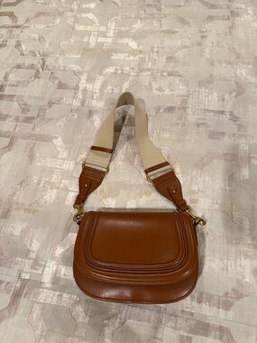 Women's Zara dark Tan Leather Saddle Bag with Cream Canvas shoulder Strap